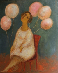 "אישה עם בלונים"- שילוב של צבעי שמן, פסטל וטרקוטה על עץ